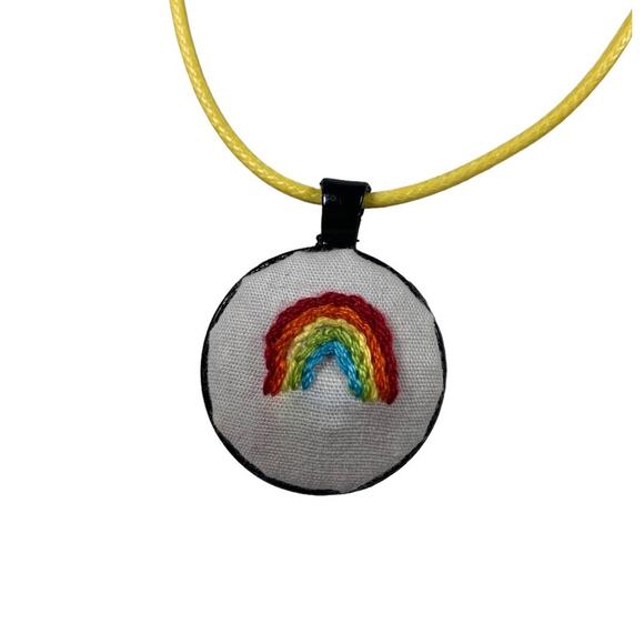 Handmade Rainbow Embroidery Necklace in 1” Round Bezel - Picture 4 of 4